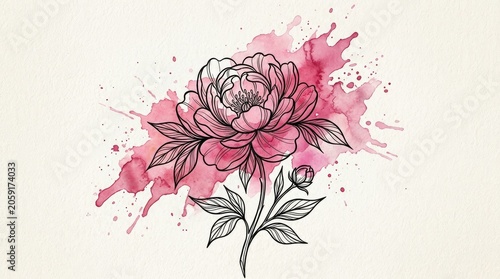 Beautiful hand-drawn peony flower sketch with vibrant pink watercolor splash illustration. Elegant botanical art with delicate bloom.