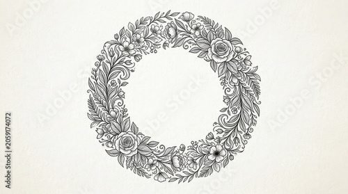 Ornate vintage botanical wreath illustration with hand-drawn flowers and leaves, elegant black and white decorative circular frame design element.