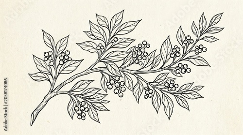 Hand Drawn Botanical Illustration of a Branch with Leaves and Berries. Vintage Line Art Engraving Style Nature Graphic.