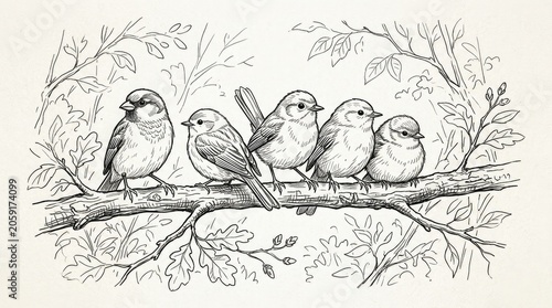 Black and white detailed hand-drawn illustration of five small wild birds perched on a leafy tree branch, nature art.