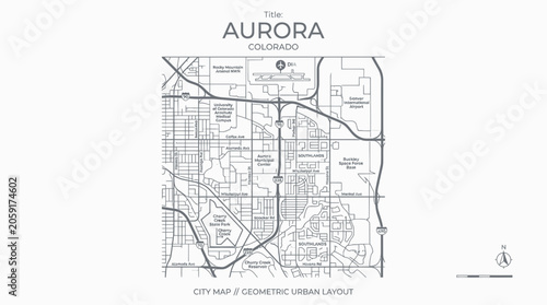 Quadro su tela Aurora Colorado City Map, Geometric Urban Layout, Street Network, Aerial View