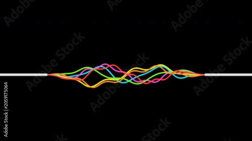 Colorful digital audio waves and data lines fluctuating like a music equalizer