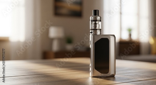 Silver and black vape box mod on a wooden table. Blurred warm living room background. Modern electronic cigarette lifestyle concept