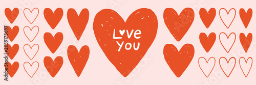 Foto Red and outline hearts pattern with love you text in center