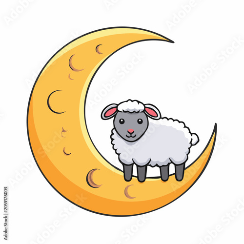 Cute cartoon sheep sitting on a crescent moon