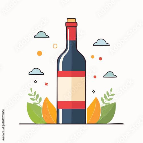 Flat illustration of a wine bottle with decorative elements