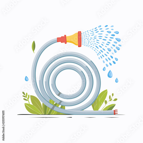 Garden hose spraying water with leaves and water drops