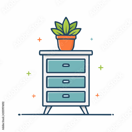 Illustration of a bedside table with a potted plant