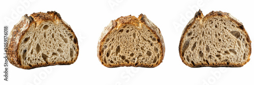 Fotografija Set of a thick rustic slice of crusty artisan brown bread with a soft porous crumb, representing traditional baking and wholesome food, isolated on a transparent background