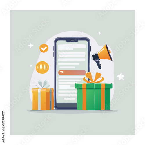 Smartphone with chat app and gift boxes illustration