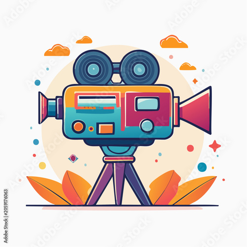 Retro Movie Camera on Tripod with Colorful Accents