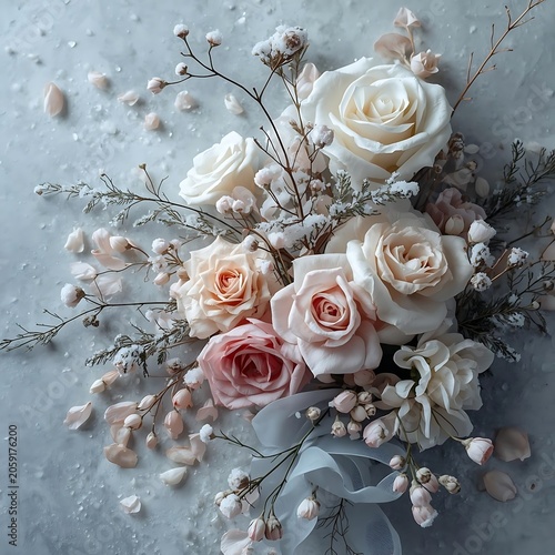 Bouquet of White and Pink Roses on Gray Background
