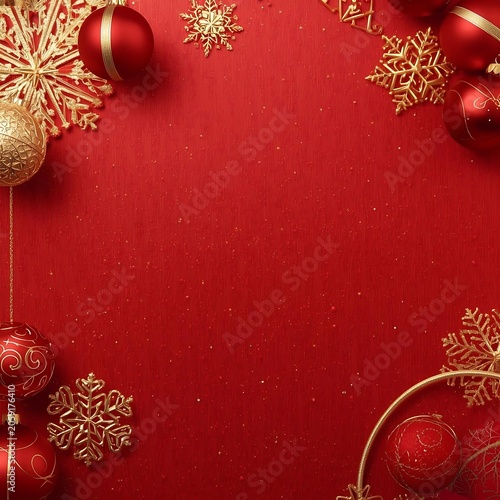 Christmas ornaments and snowflakes on red background