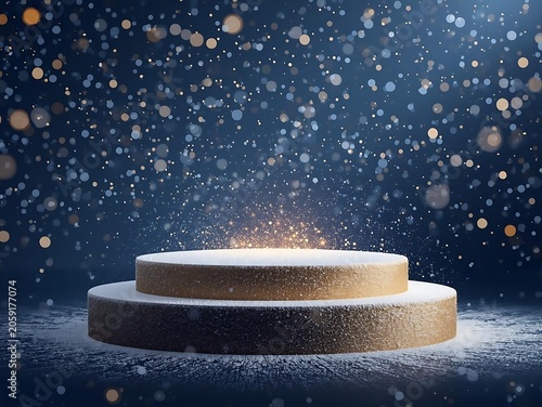 Golden podium with sparkling particles on dark background