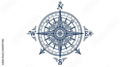 Billede på lærred Vintage Nautical Compass Rose Illustration, Navigation Tool, Direction Finder