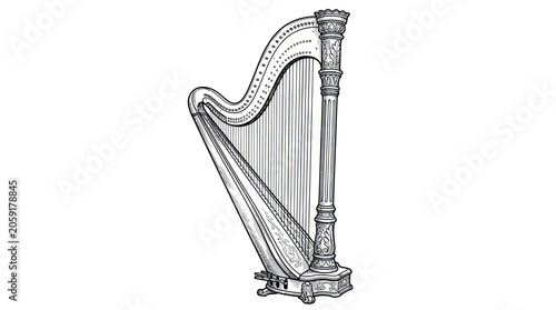 Fotografie Elegant Harp, Classical Music Instrument, Vintage Illustration