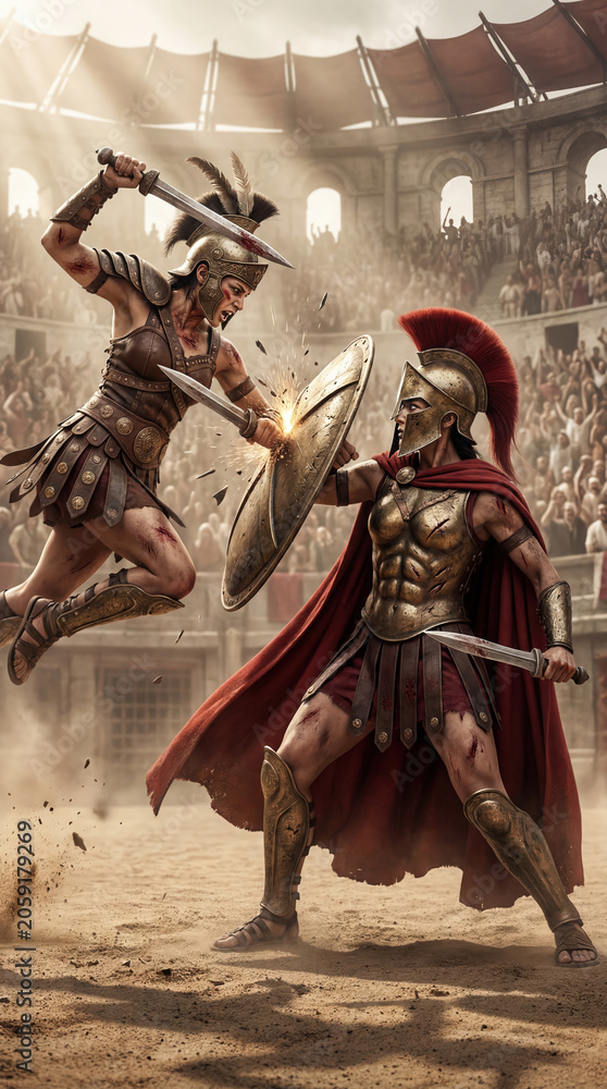 Obraz premium Two women gladiators fighting with sword and shield in ancient colosseum arena. Warrior athlete in metal armor dueling for victory. Historical combat scene and sports competition concept.