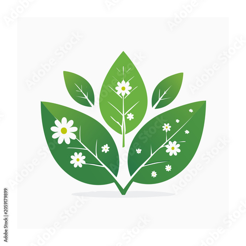 Green Leaf with Daisies Flat Design Illustration