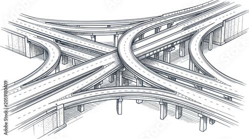 Foto Complex Highway Interchange, Urban Transportation Network, Sketch Style