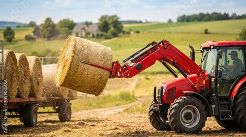 A farm worker operates a red tractor, lifting hay bales with a front loader. The scene shows green fields and a distant farmhouse under clear skies. It is summer, and work is busy