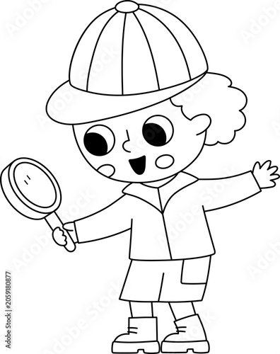 Foto Vector black and white cartoon boy standing surprised with looking glass