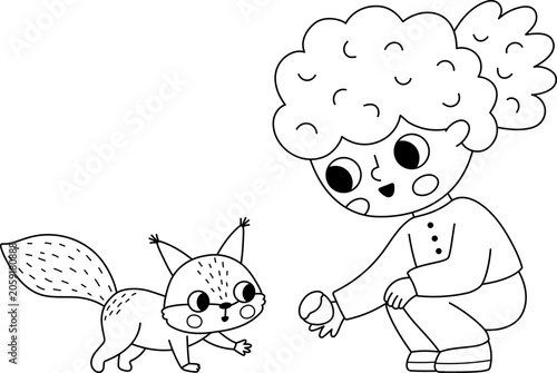 Bilde på lerret Vector black and white cartoon girl crouching and feeding squirrel with nut or chestnut from palm of hand