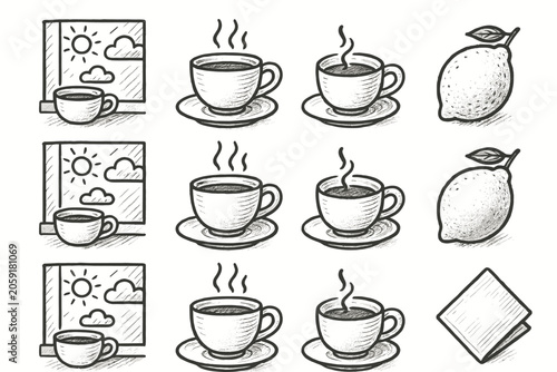 Mood icon napkin morning set tea ink vector teacup cup pencil lemon