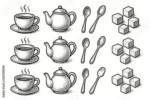 Spoon creative vector moment icon teacup set sugar cubes tea outline teapot