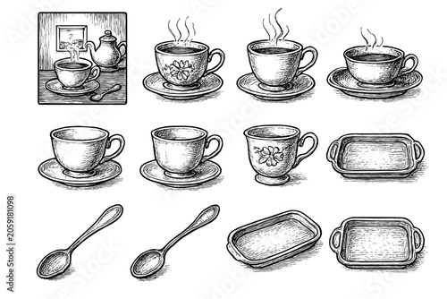Vintage spoon porcelain collection cup scene vector tray icons teacup icon tea