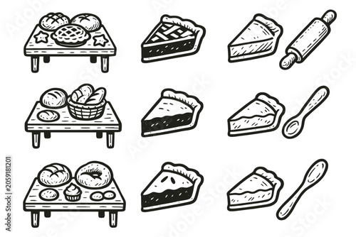 Slice bakery rolling pastry pin spoon pie collection icon vector homemade setup