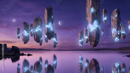 Breathtaking surreal landscape featuring massive, glowing crystalline stone pillars levitating silently above a tranquil, mirror-like lake under a violet twilight sky with two moons.