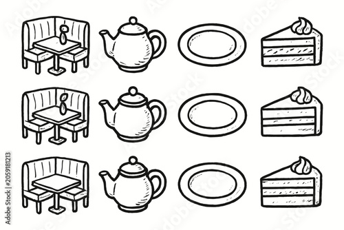 Artistic cozy vector cake bakery plate teapot table collection view icon slice