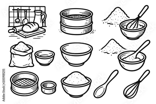Scene bakery drawing mixing icon bowl flour set kitchen sieve vector