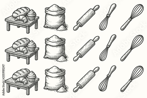Whisk pastry icon icons sack pin setup grid vintage flour rolling vector