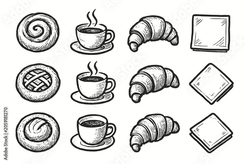 Napkin vector morning croissant bakery early coffee outline set cup icon pastry