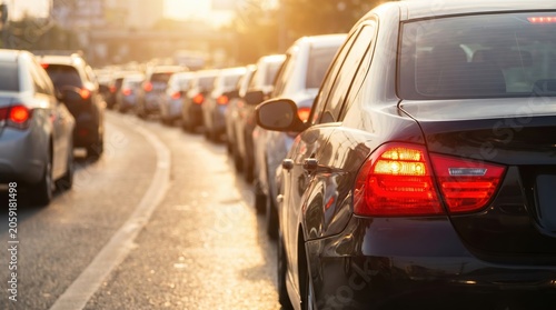 Cars are stuck in a traffic jam on a busy highway during sunset. The scene shows many vehicles with red brake lights glowing, creating a long line of stopped cars