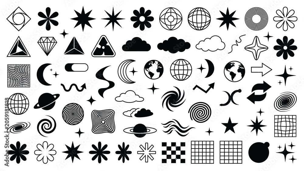 Fototapeta premium Big vector set of Y2K design elements. Trendy abstract minimalist figures, stars, flowers, circles. Vector illustration