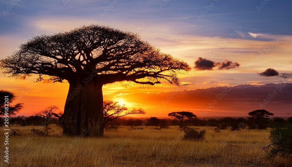 Naklejka premium Baobab Tree Silhouetted Against A Vibrant Sunset In The Kenyan Savanna