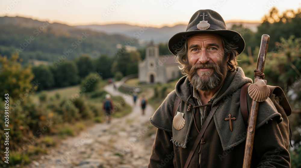 Naklejka premium Waist up portrait of an elderly male pilgrim with a beard. Senior hiker wearing a hat and cloak with scallop shells holding a walking stick. Religious journey on a rural path towards a church