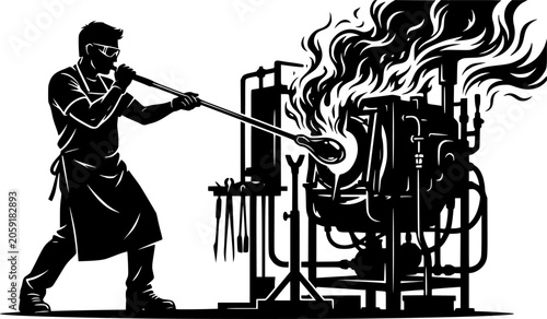 Black silhouette of person blowing glass with furnace and smoke effect isolated on white background
