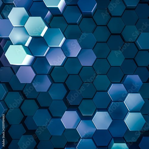 3d rendered background of patterned hexagons in vivid saturated blue colors. Three dimensional hex shapes in geometrical patterns for vibrant colorful scientific or technical 3d backgrounds