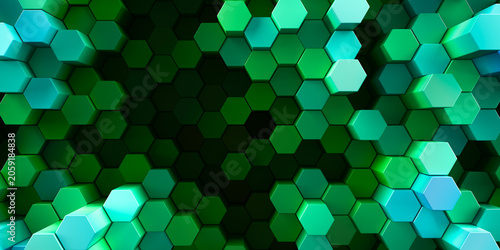 Φωτογραφία 3d rendered background of patterned hexagons in vivid saturated blue and green colors