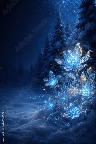 Glass flower blooming in snowy forest at night. Magical crystal plant illuminated by ethereal blue light in winter woodland. Fantasy nature background for Christmas and holiday card.