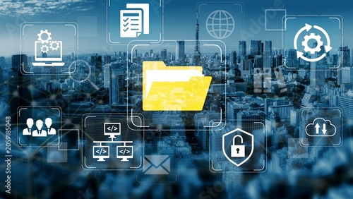 Foto Business Technology Concept with Digital Data Management and Icon Illustrations Over Cityscape Background