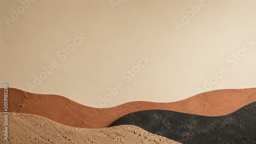 Abstract background with wavy layers of sand and stone texture. Minimalist composition with geometric shapes for product display. Earthy tones concept for natural stage design backdrop.