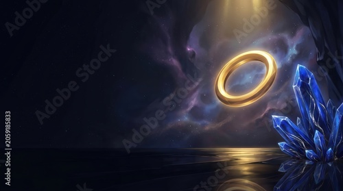 Golden ring floating in magical space landscape with blue crystals. Fantasy background with glowing light and cosmic nebula. Mystical portal concept for gaming and digital art design.