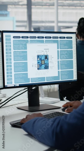 Vertical Video Technician in microchip factory R&D workspace optimizing production with PC software.