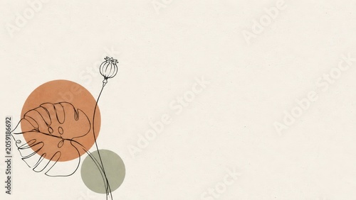 Monstera leaf and poppy flower botanical line art with geometric shapes. Minimalist abstract background illustration for social media banner or card design. Modern organic style.