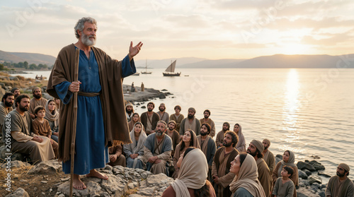 Saint Peter preaching to a crowd by the Sea of Galilee. Biblical scene with historical figures in ancient robes at sunset