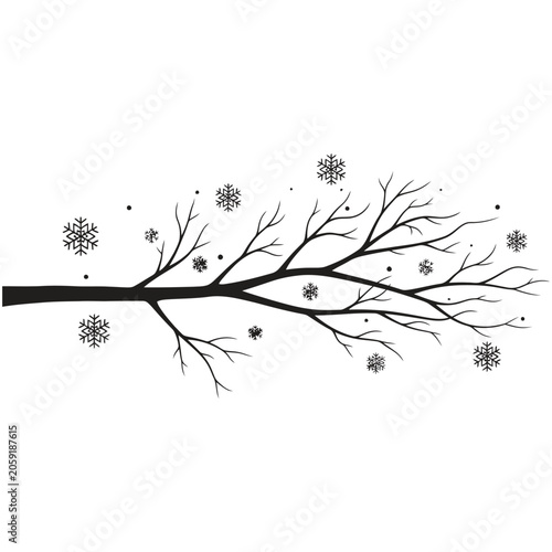 A bare tree branch is silhouetted against a white background with falling snowflakes.